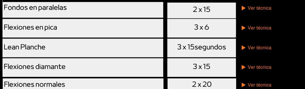 Tablas del ebook con el enlace Ver técnica en cada ejercicio